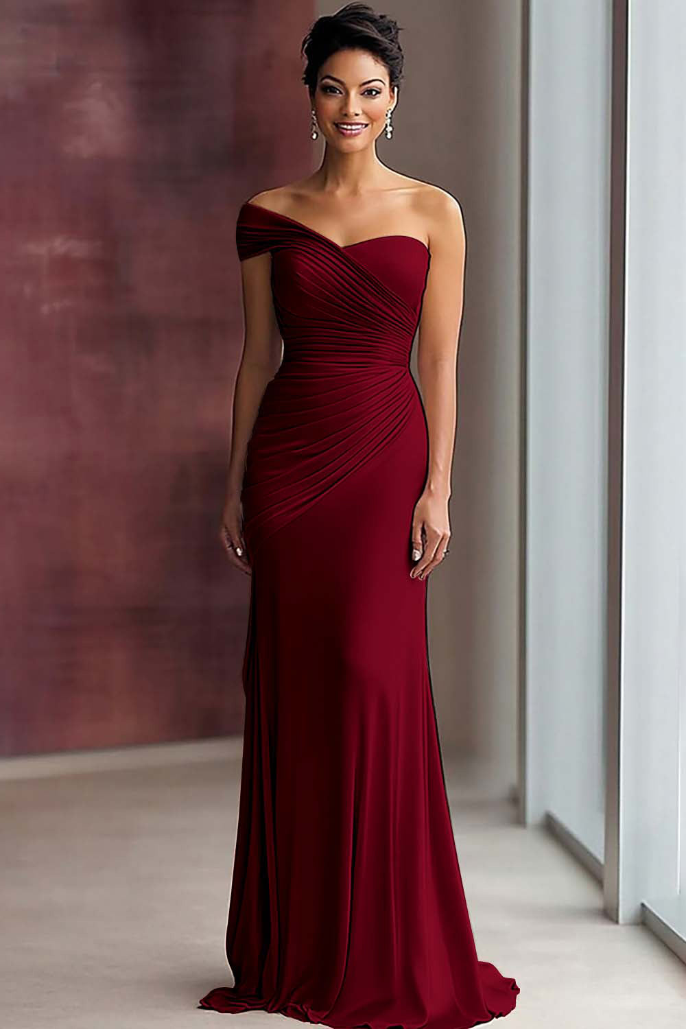 Robe de gala fourreau asymétrique plissée en jersey kaki clair