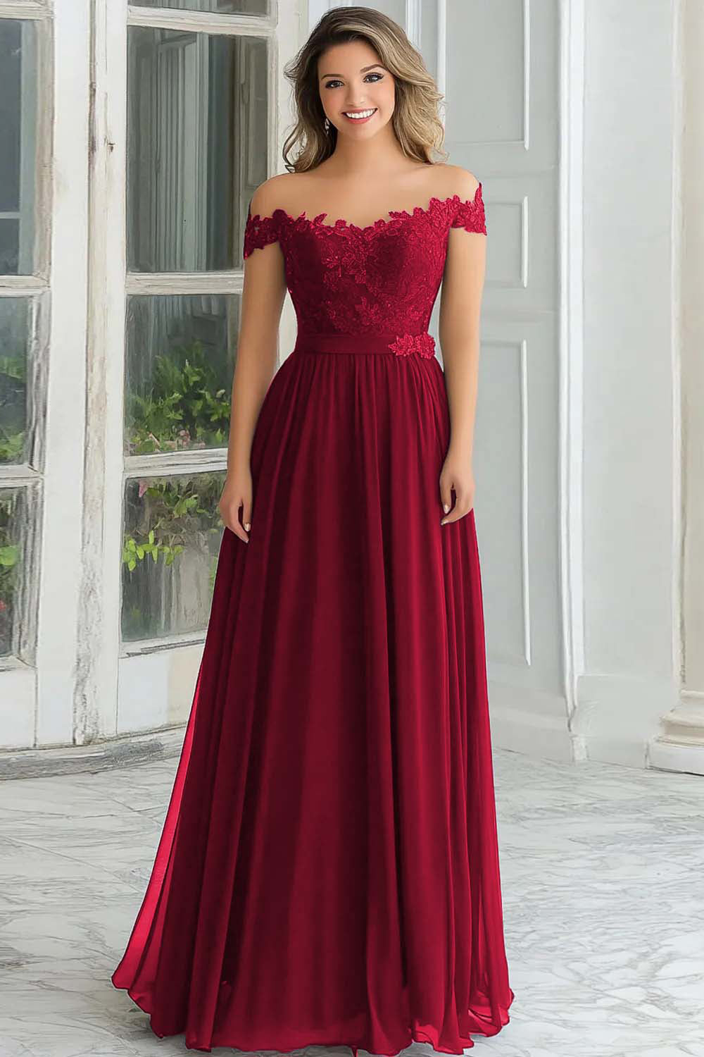 Robe longue de mère de la mariée élégante bleu marine coupe évasée en mousseline et dentelle avec épaules dénudées
