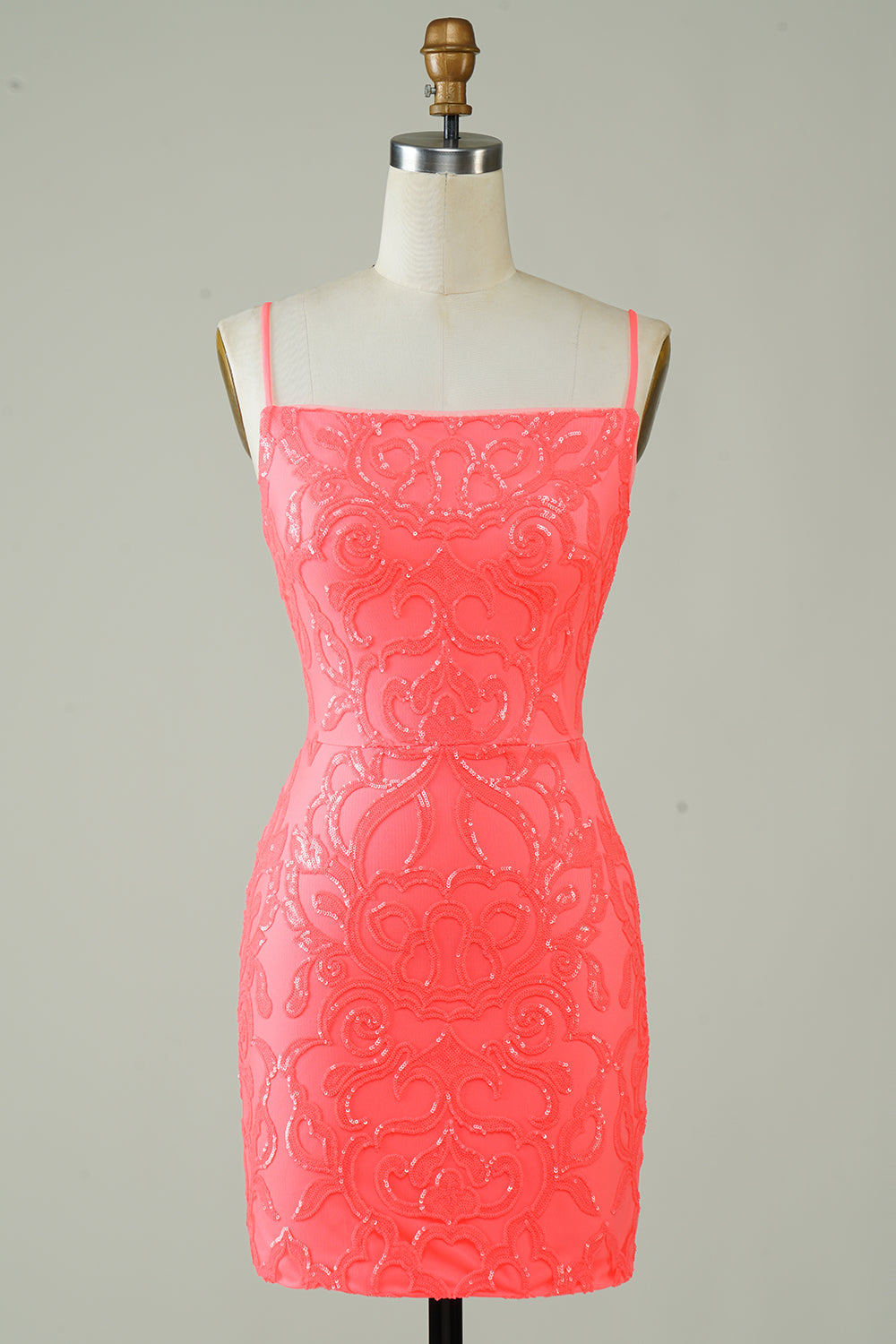 Robe de bal moulante courte à bretelles spaghetti, couleur pêche à paillettes