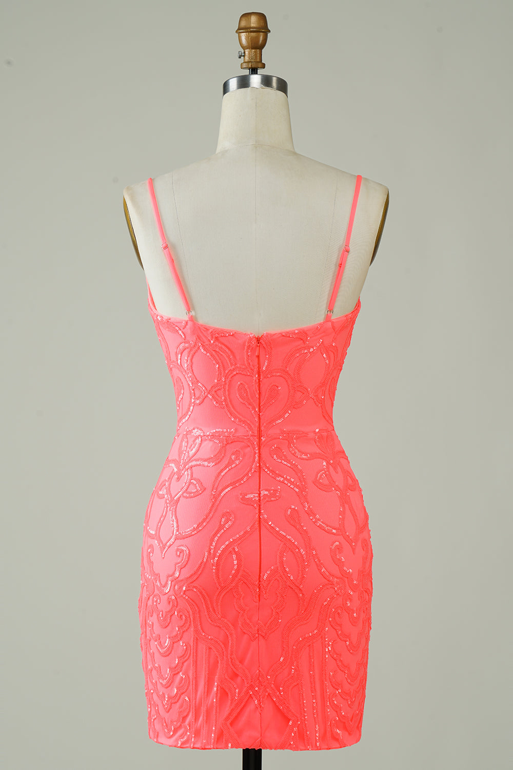 Robe de bal moulante courte à bretelles spaghetti, couleur pêche à paillettes