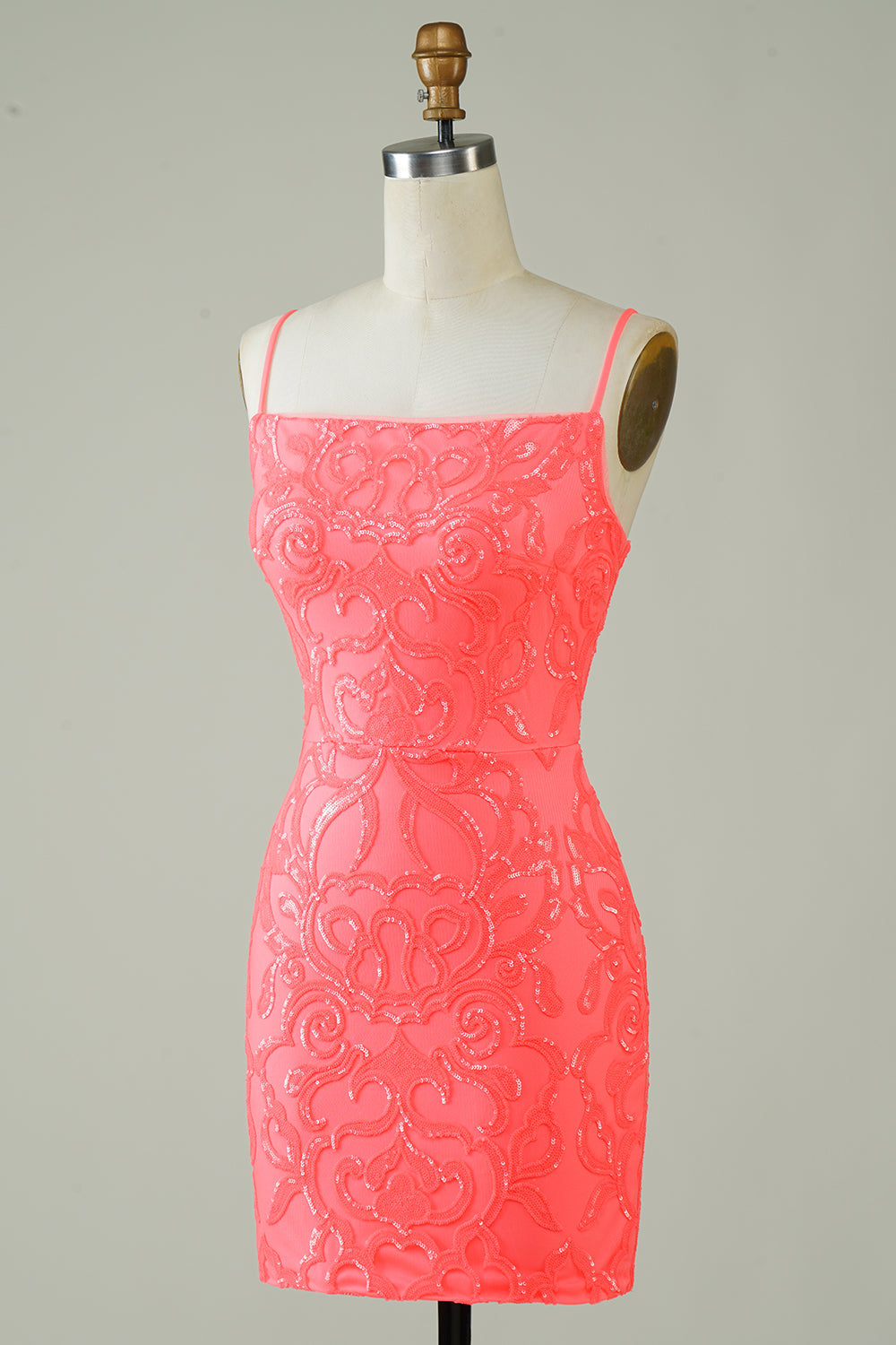 Robe de bal moulante courte à bretelles spaghetti, couleur pêche à paillettes