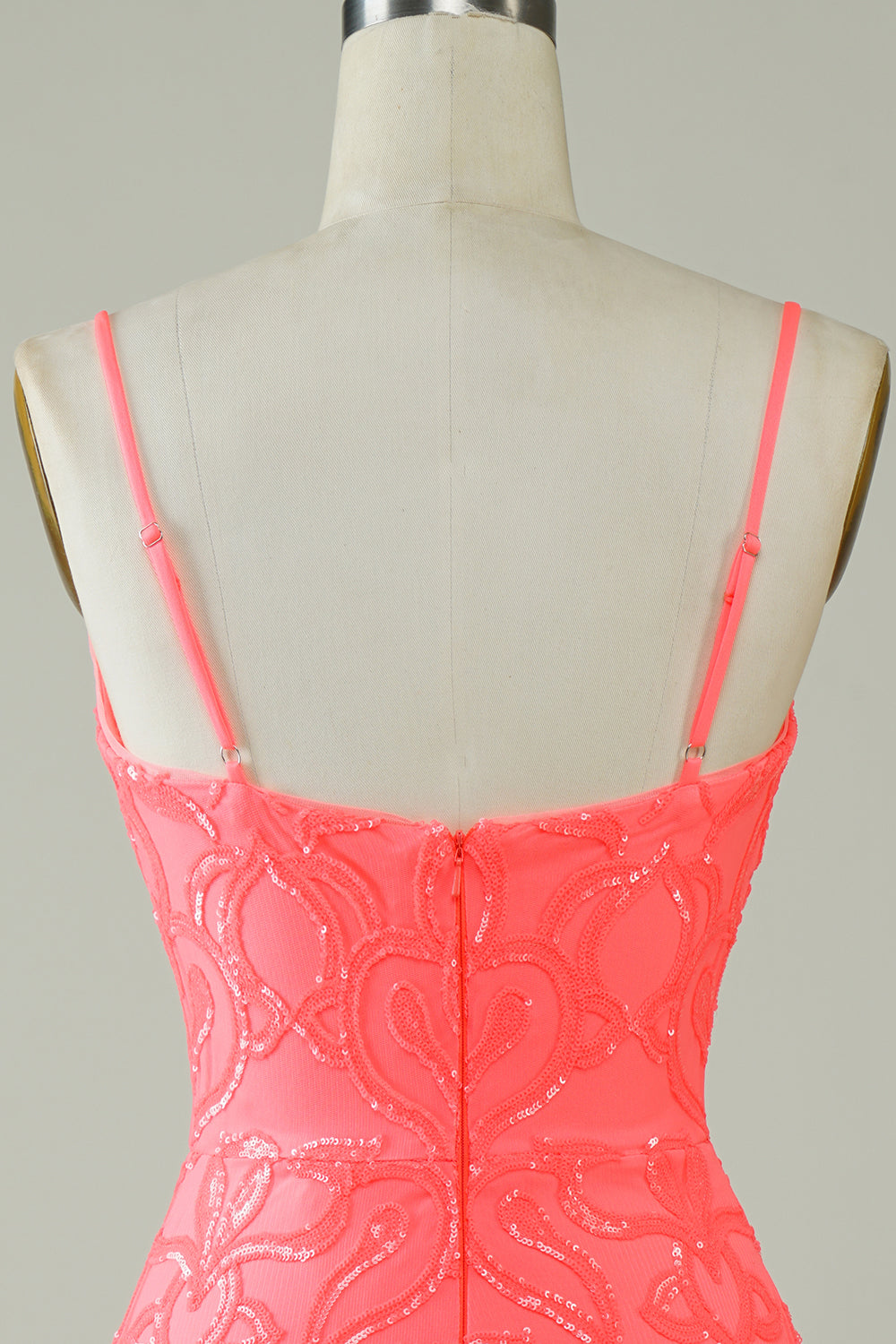 Robe de bal moulante courte à bretelles spaghetti, couleur pêche à paillettes