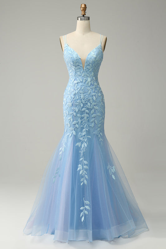 Spaghetti Strap Mermaid Blue Long Prom Dress with Appliques
