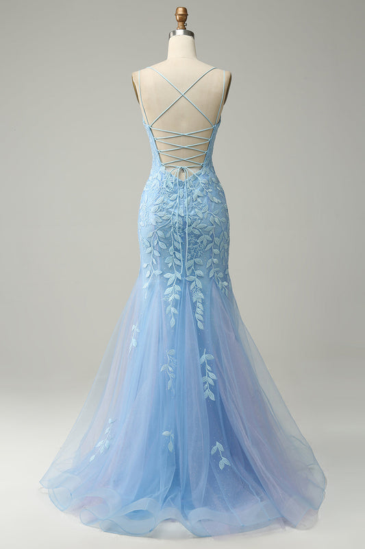 Spaghetti Strap Mermaid Blue Long Prom Dress with Appliques