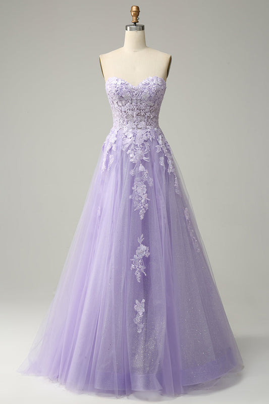 A-Line Spaghetti Strap Long Purple Prom Dress with Appliques