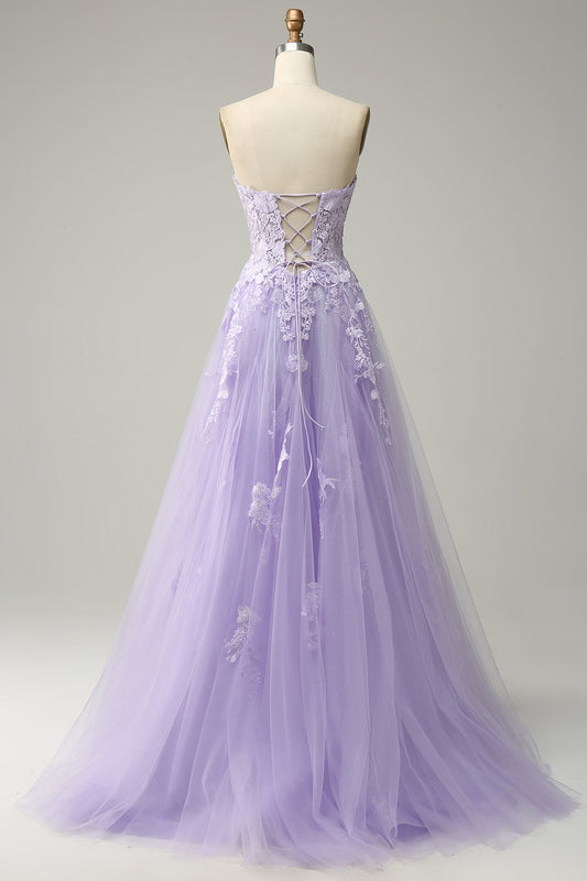 A-Line Spaghetti Strap Long Purple Prom Dress with Appliques