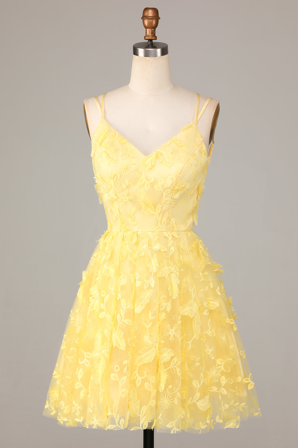 Robe Courte de Demoiselle d'Honneur Jaune Évasée à Bretelles Fines avec Appliques Keep Glowing