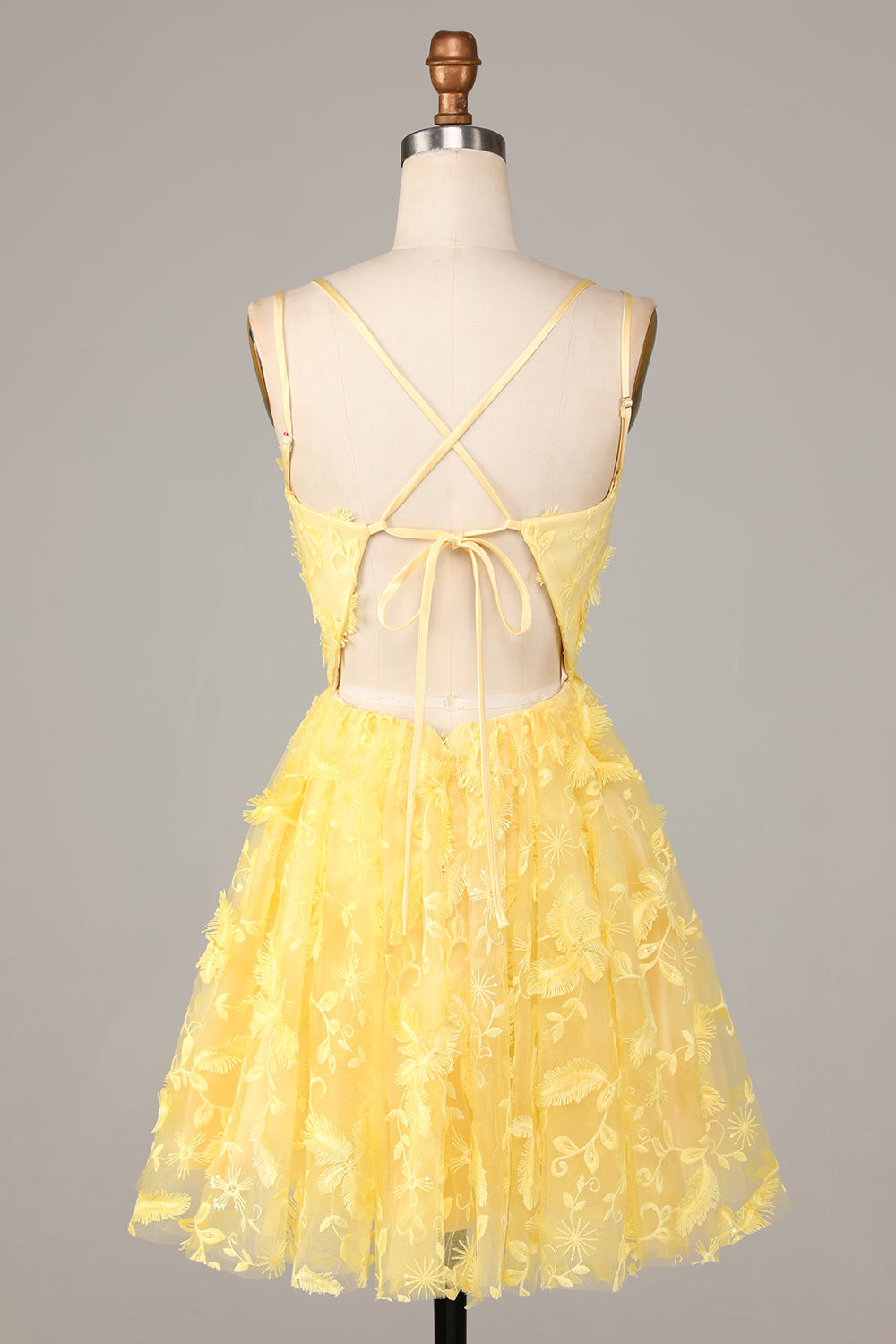 Robe Courte de Demoiselle d'Honneur Jaune Évasée à Bretelles Fines avec Appliques Keep Glowing