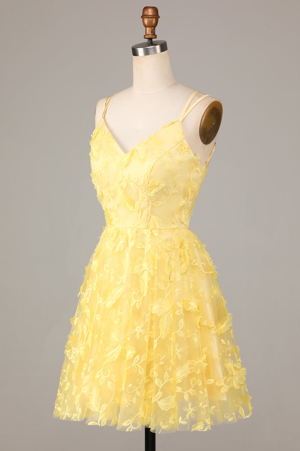 Robe Courte de Demoiselle d'Honneur Jaune Évasée à Bretelles Fines avec Appliques Keep Glowing