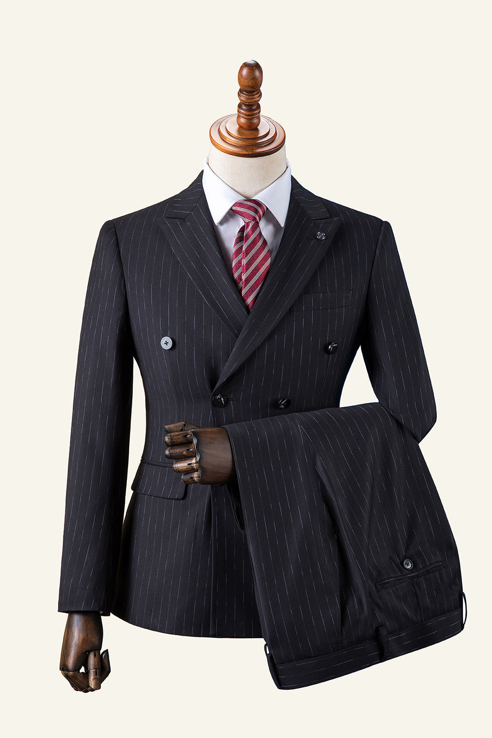 Costume 3 pièces homme à rayures noires croisé à revers pointus