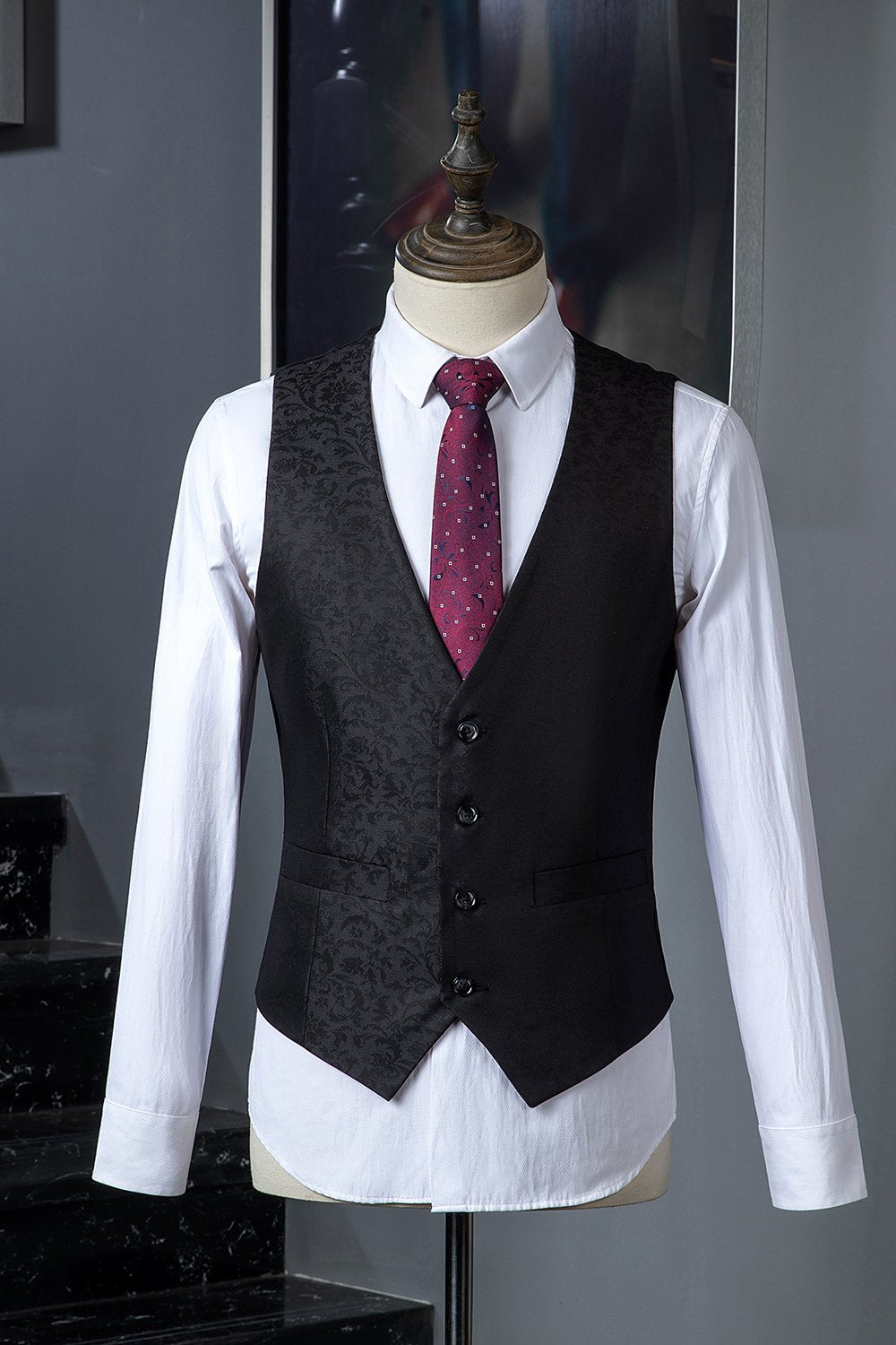 Costume 3 pièces croisé jacquard noir pour homme