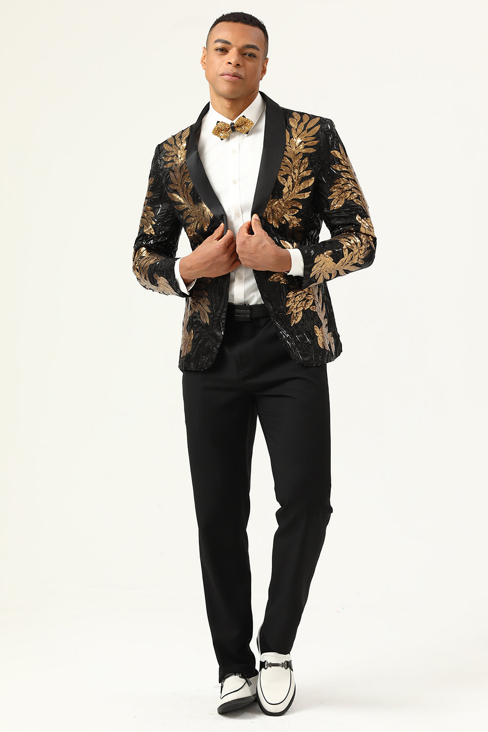2-Piece Black and Gold Jacquard Sequin Men's Prom Suit