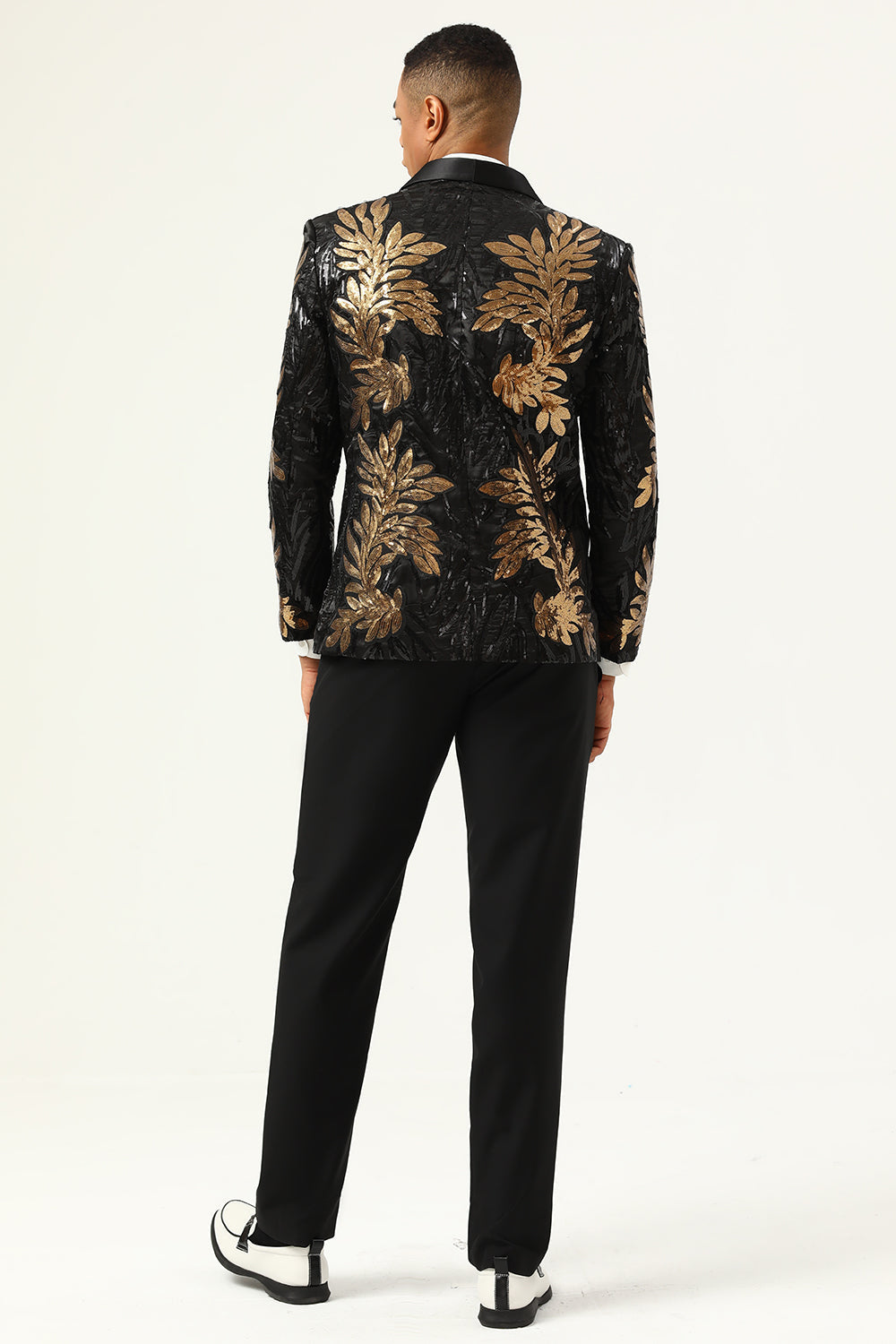 2-Piece Black and Gold Jacquard Sequin Men's Prom Suit