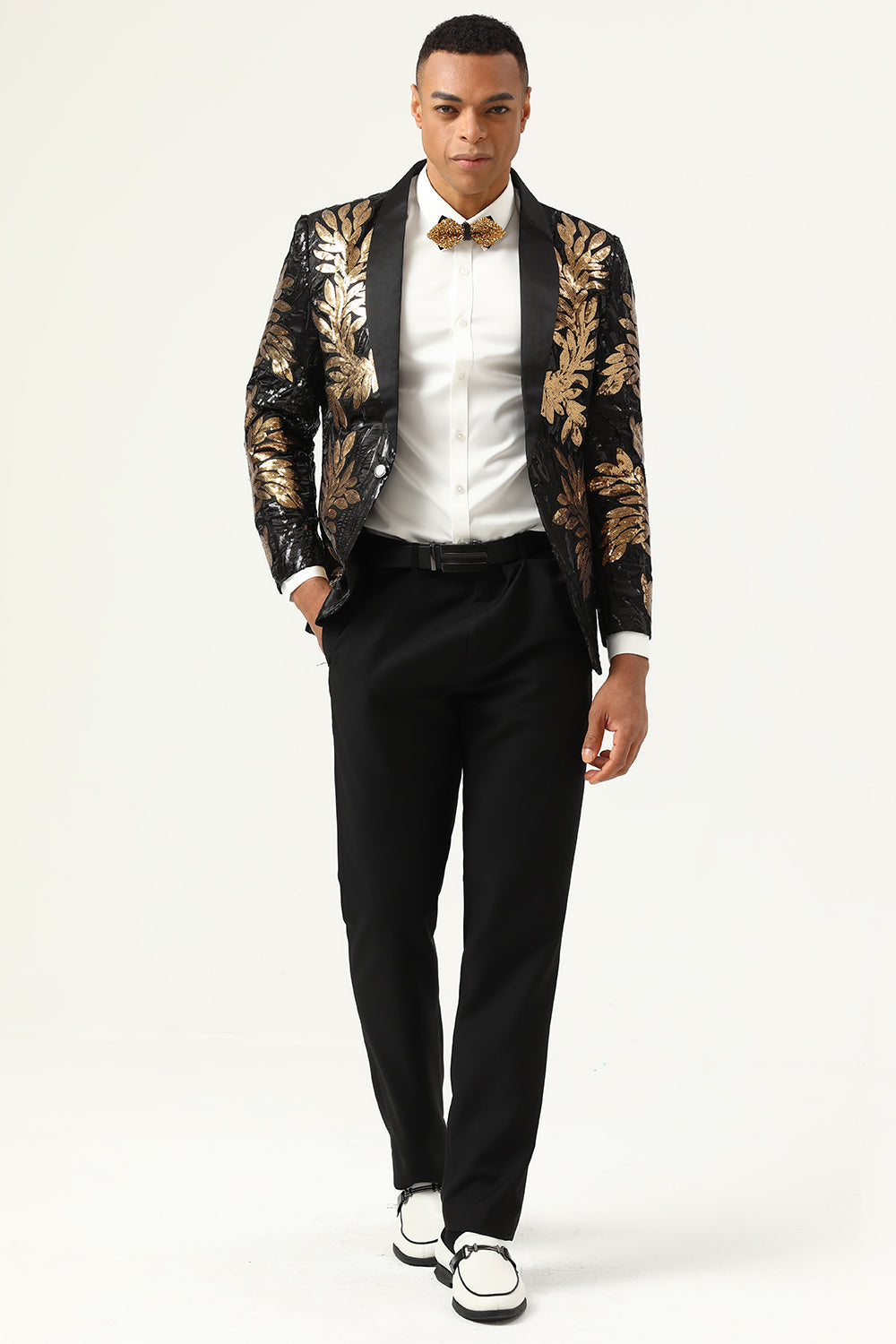 2-Piece Black and Gold Jacquard Sequin Men's Prom Suit