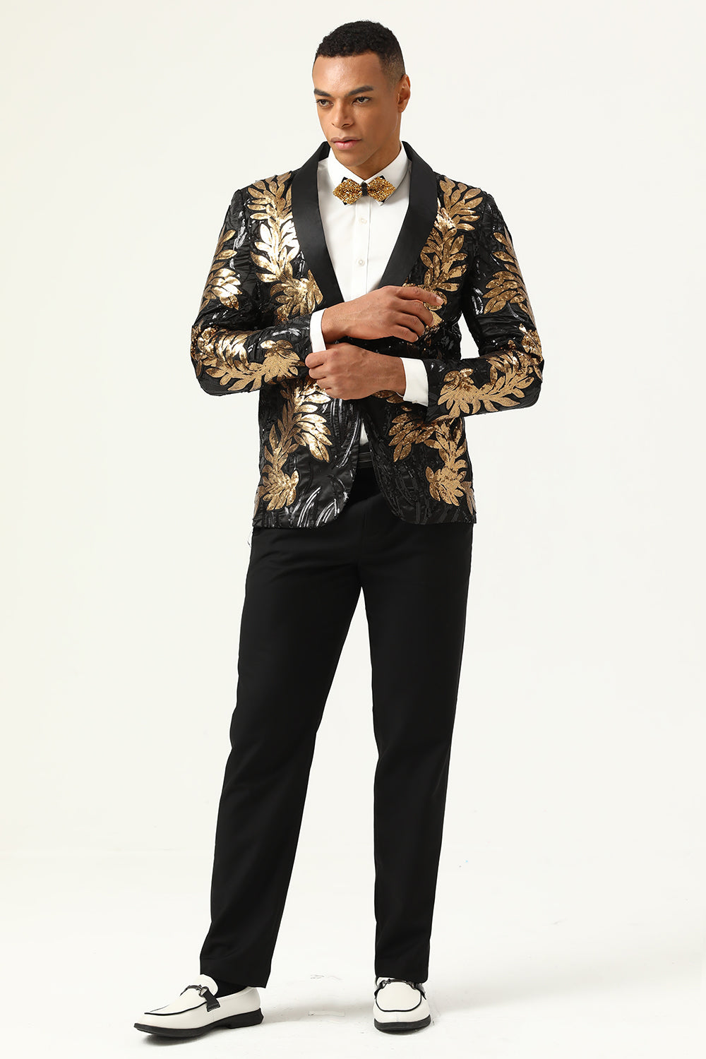 2-Piece Black and Gold Jacquard Sequin Men's Prom Suit