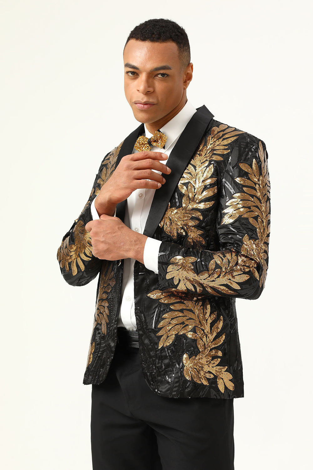 2-Piece Black and Gold Jacquard Sequin Men's Prom Suit