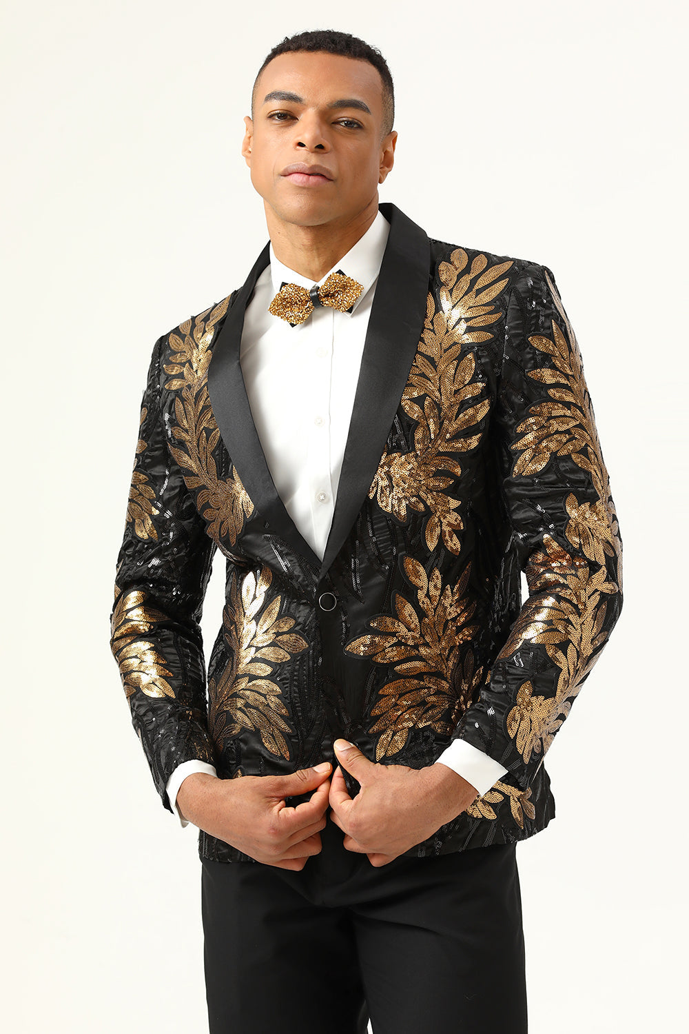 2-Piece Black and Gold Jacquard Sequin Men's Prom Suit
