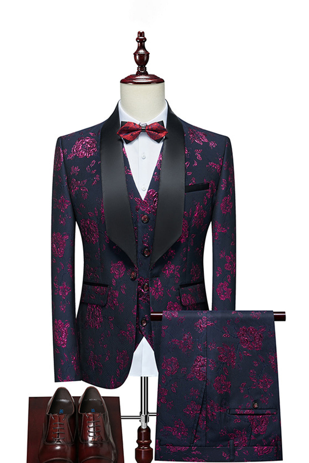Red Jacquard Shawl Lapel 3-Piece Men's Suits