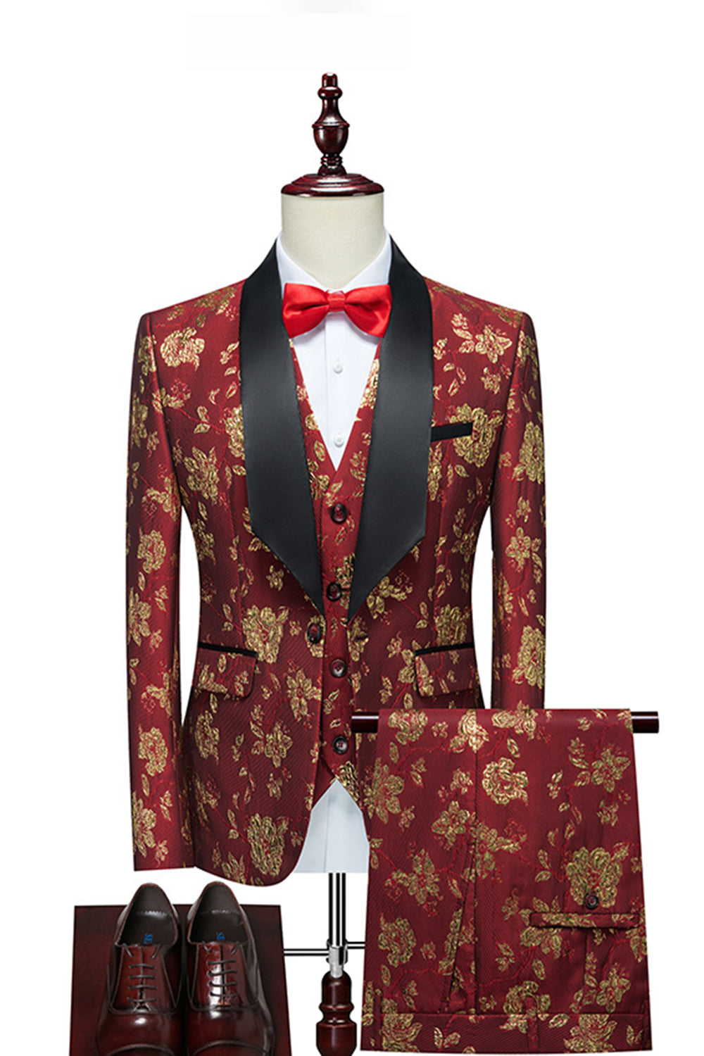 Red Jacquard Shawl Lapel 3-Piece Men's Suits
