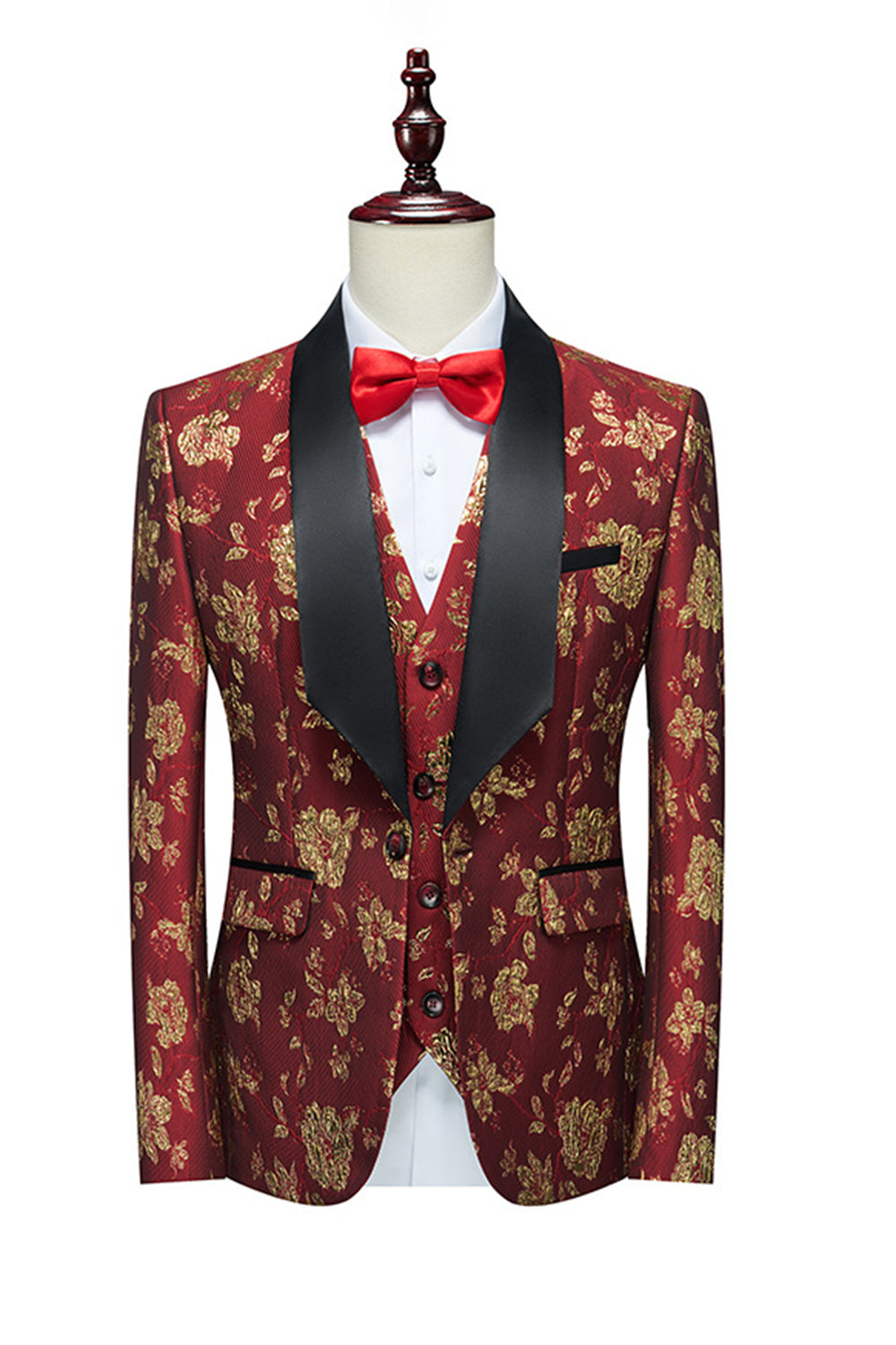 Red Jacquard Shawl Lapel 3-Piece Men's Suits