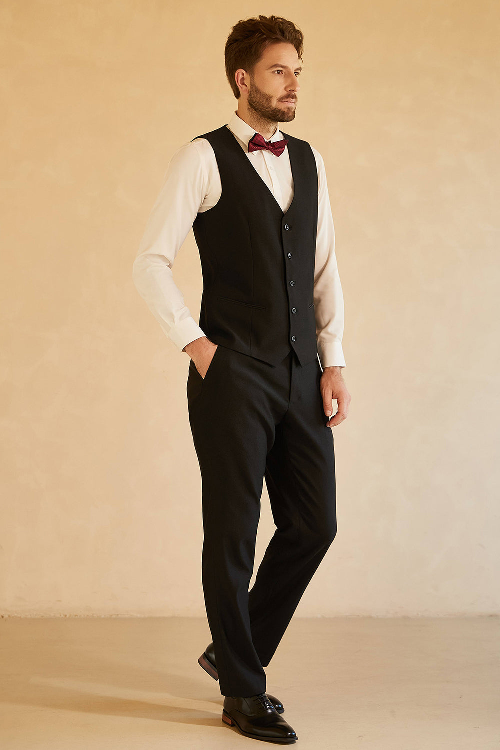 Costume trois pièces pour homme, simple boutonnage, revers châle noir