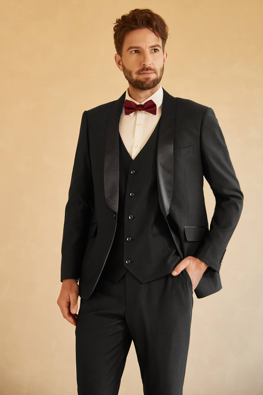 Costume trois pièces pour homme, simple boutonnage, revers châle noir