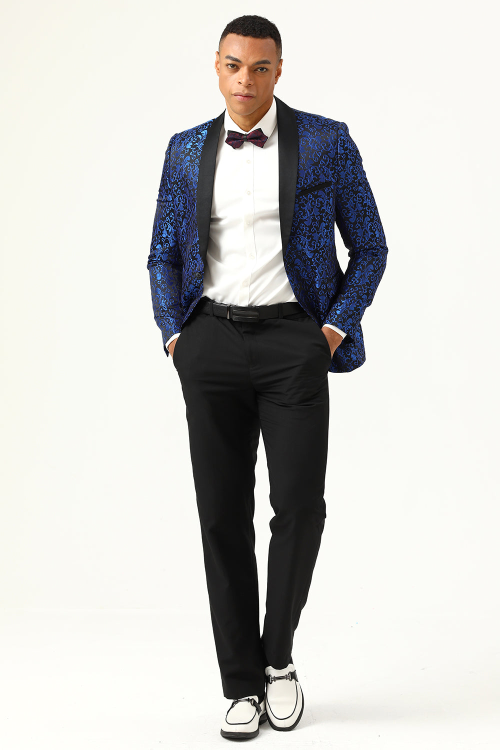 Blazer de bal jacquard pour homme à revers châle rouge, un bouton