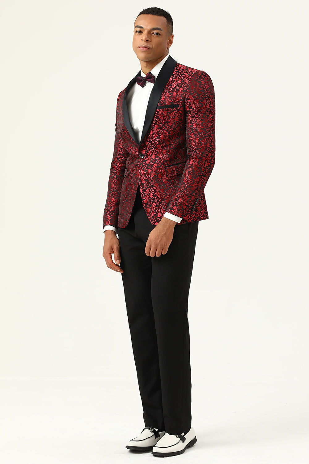 Blazer de bal jacquard pour homme à revers châle rouge, un bouton