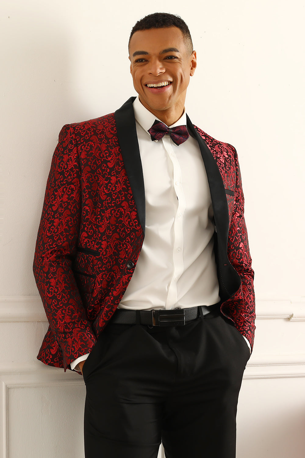 Blazer de bal jacquard pour homme à revers châle rouge, un bouton