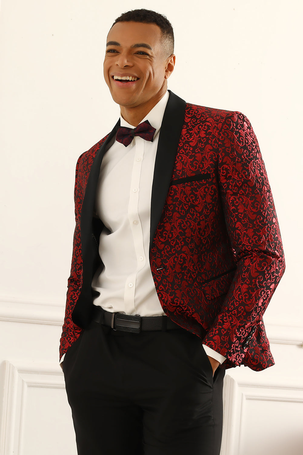 Blazer de bal jacquard pour homme à revers châle rouge, un bouton