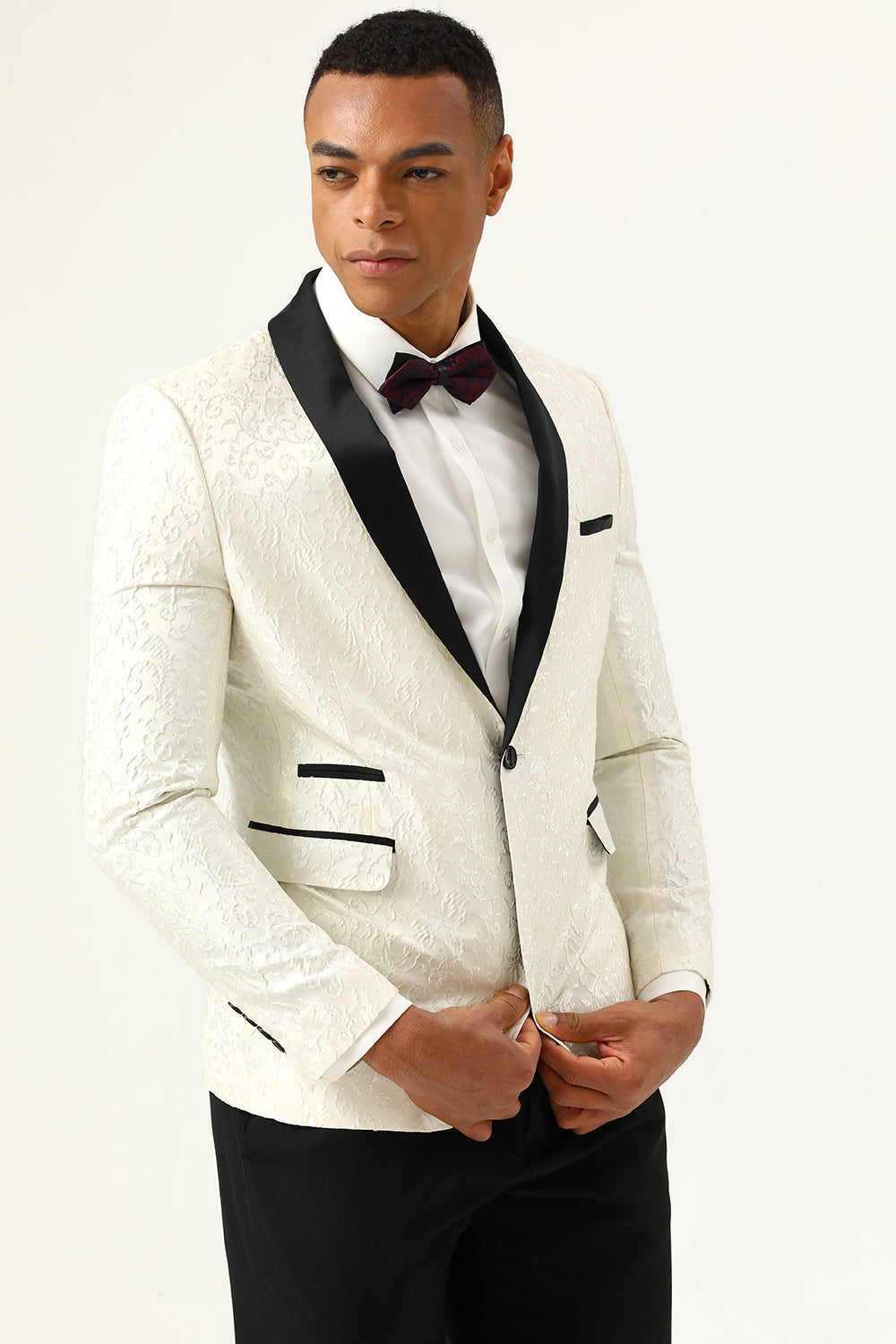 Blazer de bal pour homme Jacquard à un bouton avec revers châle blanc