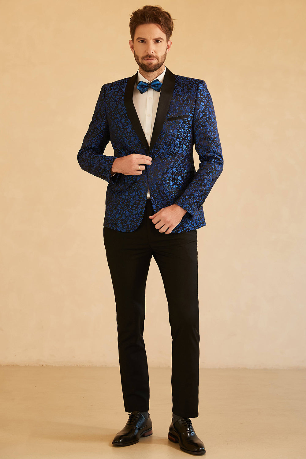Blazer de bal pour homme avec revers châle bleu jacquard et un bouton