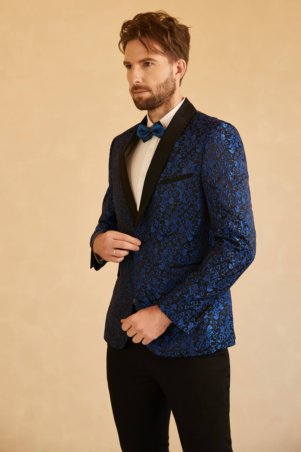 Blazer de bal pour homme en jacquard à revers châle rouge et un bouton
