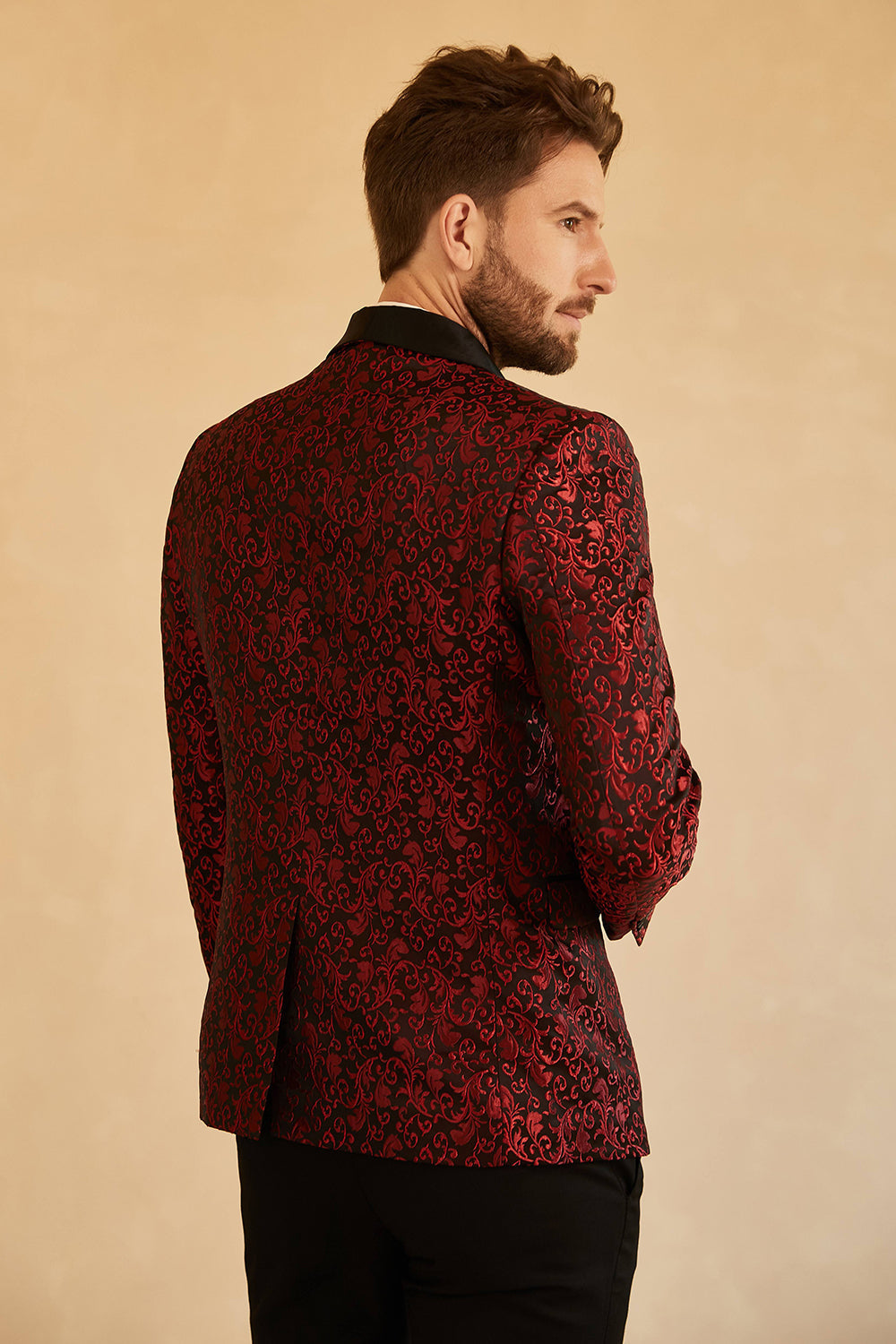 Blazer de bal pour homme en jacquard à revers châle rouge et un bouton