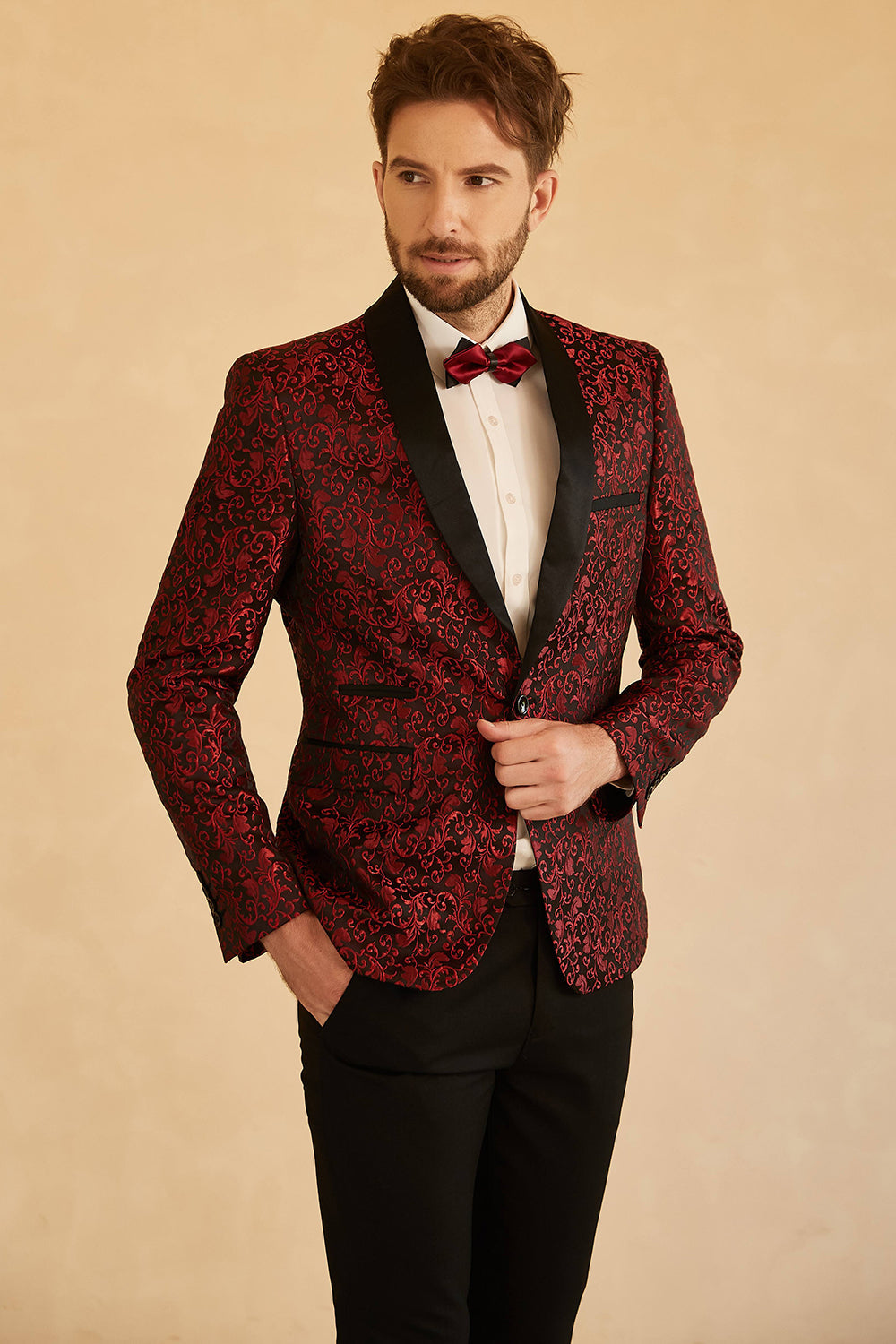 Blazer de bal jacquard pour homme à un bouton et revers châle blanc