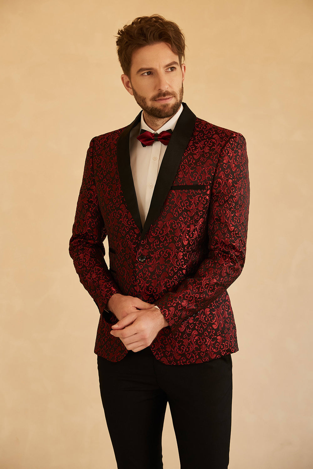Blazer de bal pour homme en jacquard à revers châle rouge et un bouton