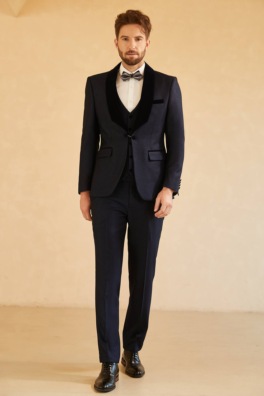 Costume homme bouton unique à revers châle bleu marine