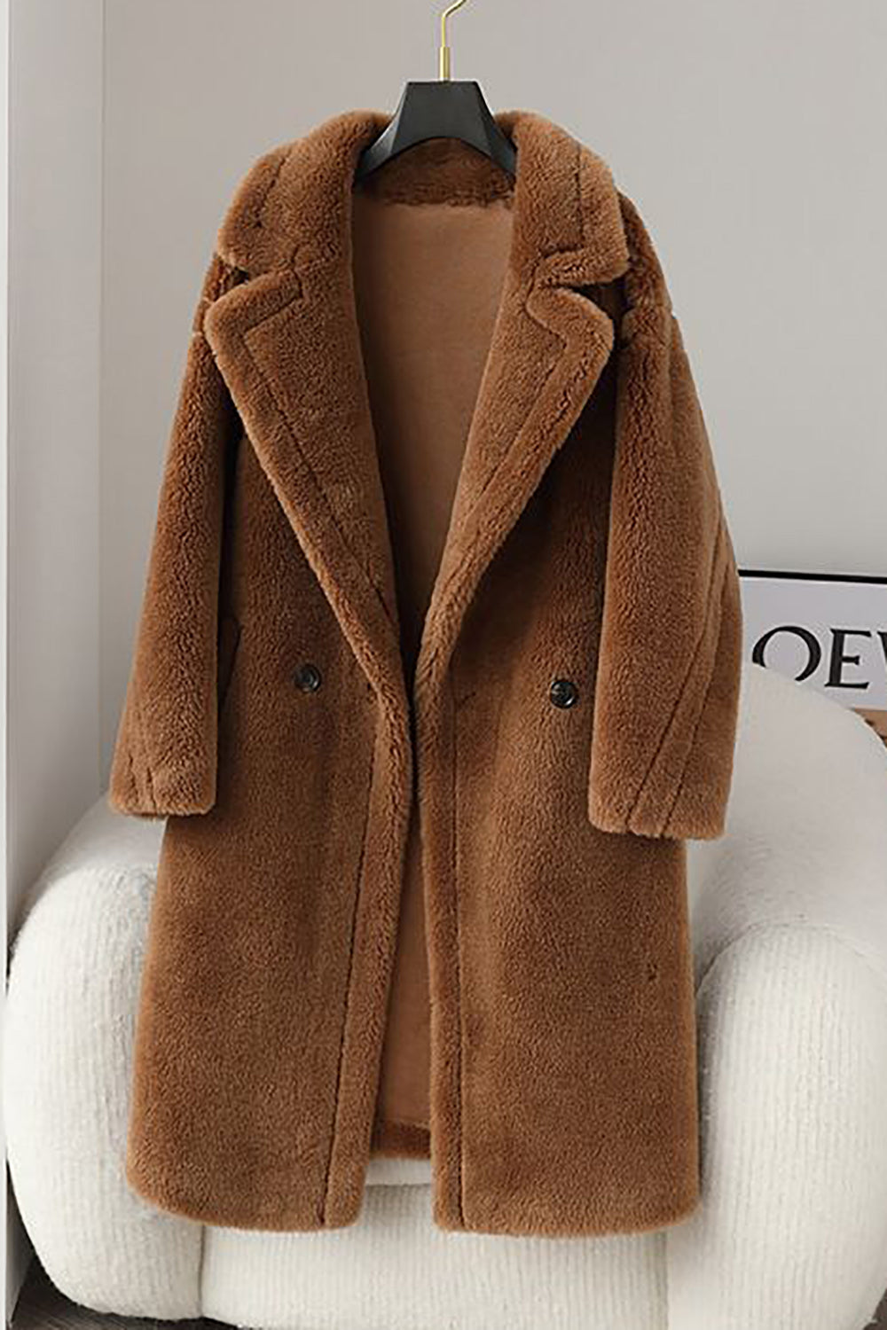 Brown Notched Lapel Long Teddy Wool Coat
