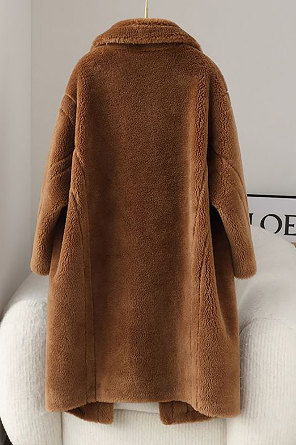 Brown Notched Lapel Long Teddy Wool Coat
