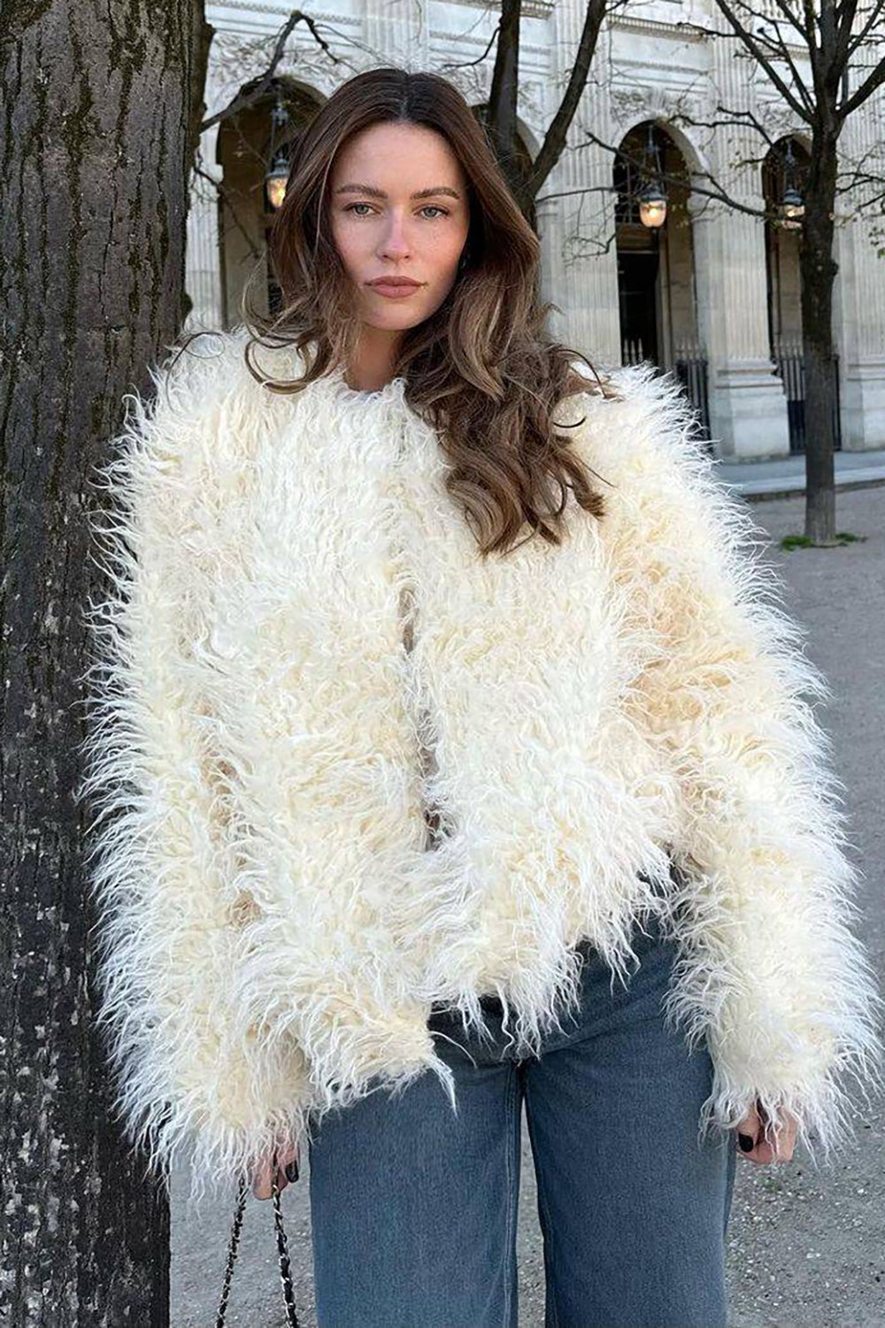 Manteau en fausse fourrure Shearling blanc à devant ouvert