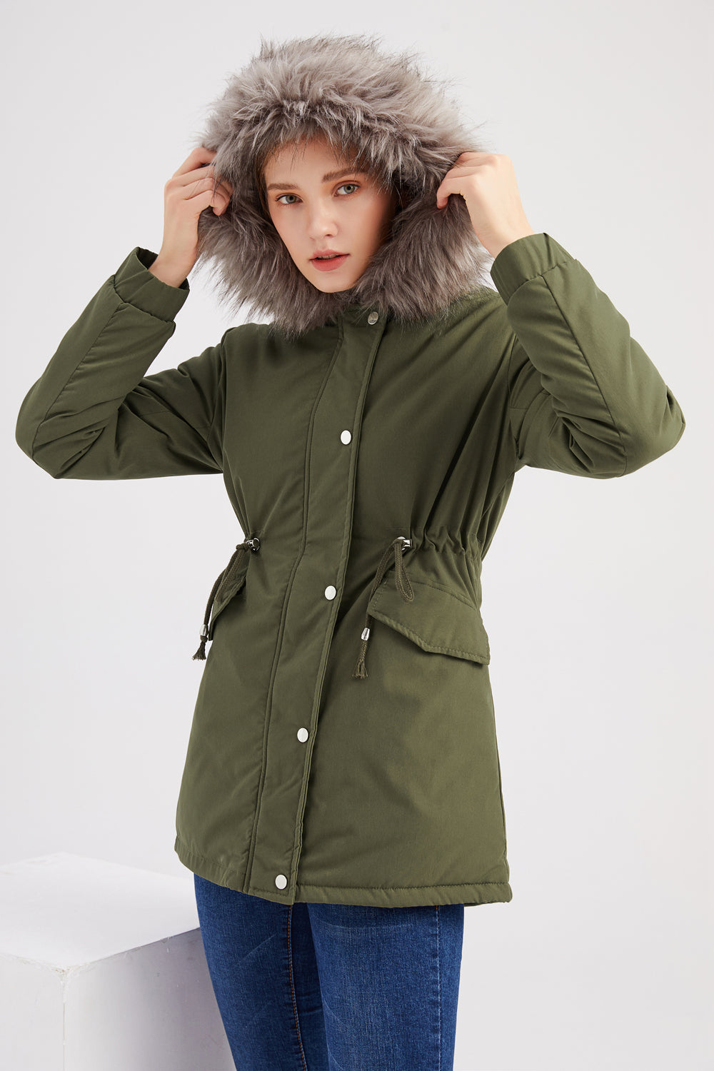 Manteau d'hiver mi-long à capuche en polaire chaude grande taille vert armée