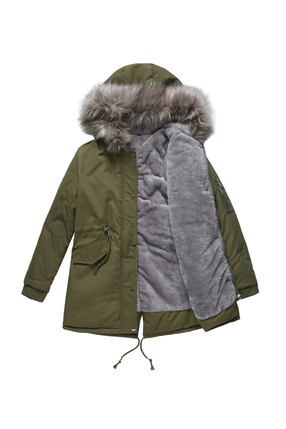 Manteau d'hiver mi-long à capuche en polaire chaude grande taille vert armée