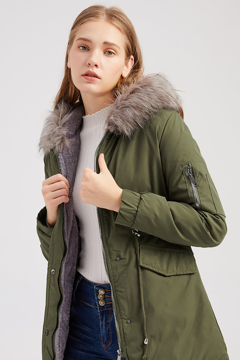 Manteau d'hiver mi-long à capuche en polaire chaude grande taille vert armée