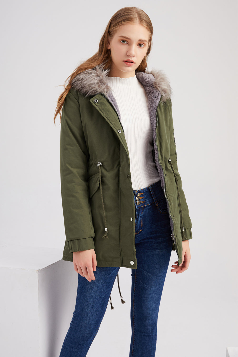 Manteau d'hiver mi-long à capuche en polaire chaude grande taille vert armée