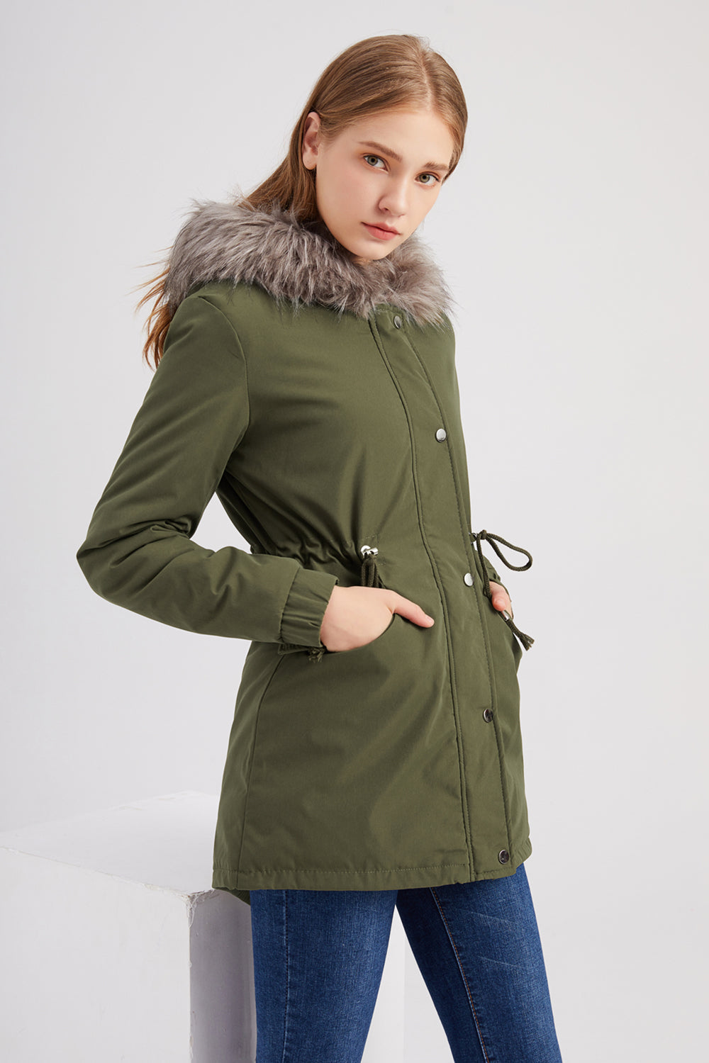 Manteau d'hiver mi-long à capuche en polaire chaude grande taille vert armée