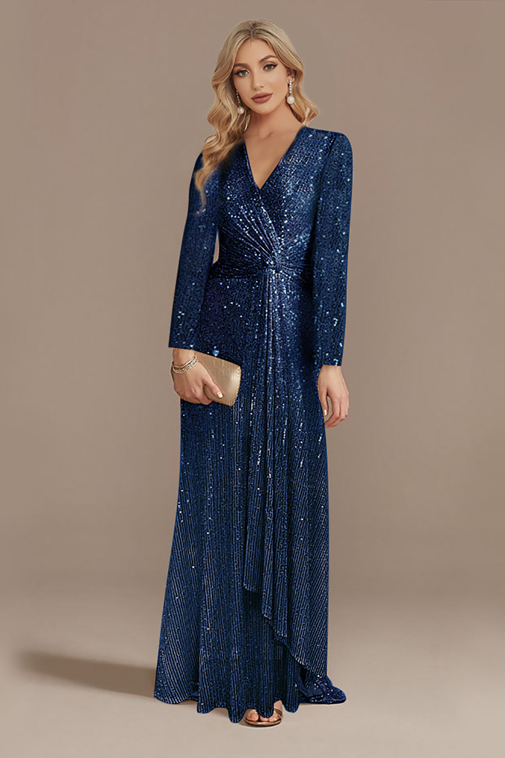 Robe de chœur trapèze bleu marine pailletée à col en V avec des sequins