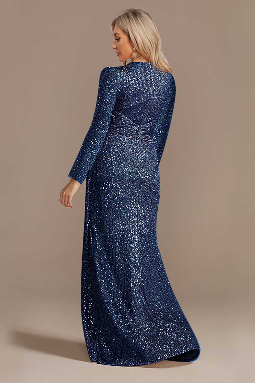 Robe de chœur trapèze bleu marine pailletée à col en V avec des sequins