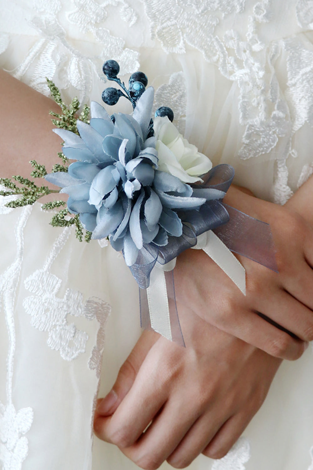 Lot de boutonnières et corsage de poignet gris et bleu pour bal de promo ou mariage