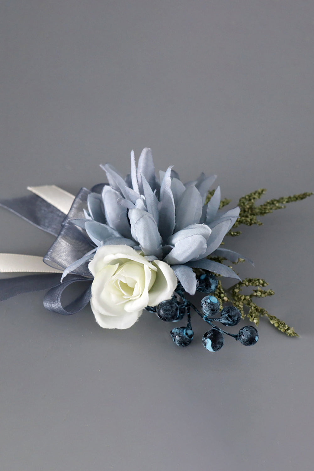 Lot de boutonnières et corsage de poignet gris et bleu pour bal de promo ou mariage