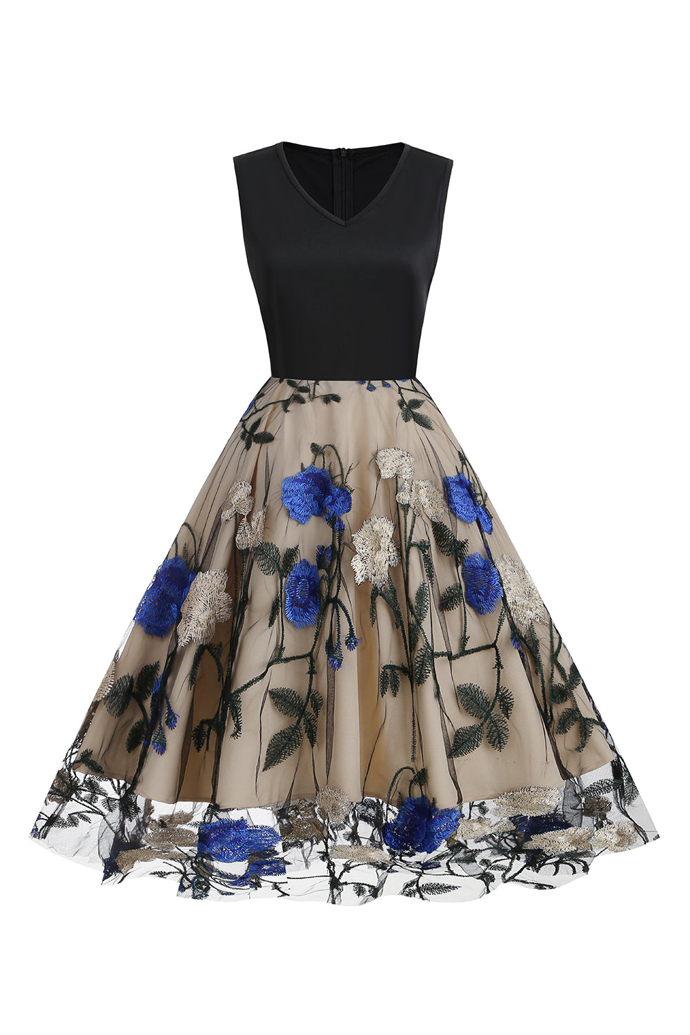 Robe Swing années 50 bleue avec broderie